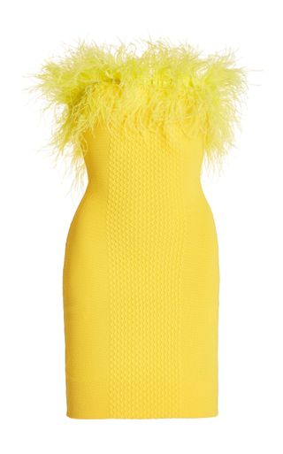 Staud + Blanca Feather-Trimmed Strapless Knitted Mini Dress