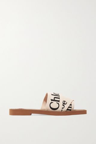 Chloé + Woody Logo-Print Canvas Slides