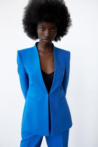Zara + Inverted Lapel Long Blazer in Bluish