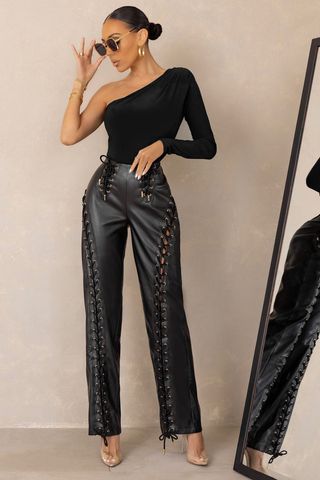 Club L London + Worthy Black Lace-Up Detail Faux Leather Pants