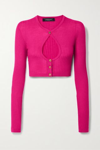 Versace + Cropped Cutout Ribbed Wool Cardigan
