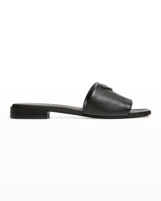 Prada + Calfskin Logo Flat Slide Sandals