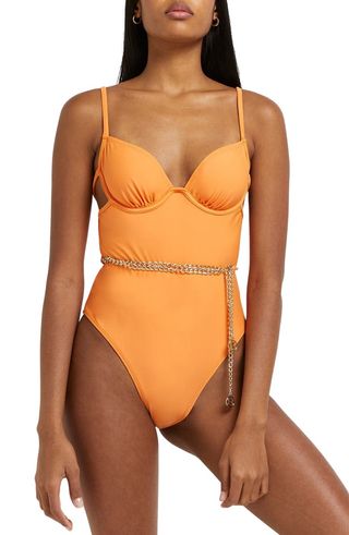 River Island + Chain Detail Underwire One-Piece Swimsuit