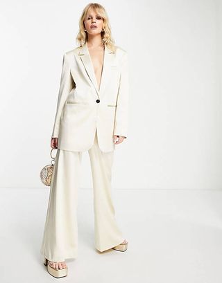 ASOS Design + Pinstripe Satin High Waisted Wide Leg Suit Trousers in Cream