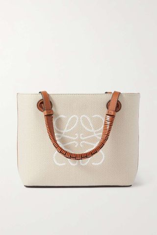 Loewe + Anagram Mini Leather-Trimmed Embroidered Canvas Tote