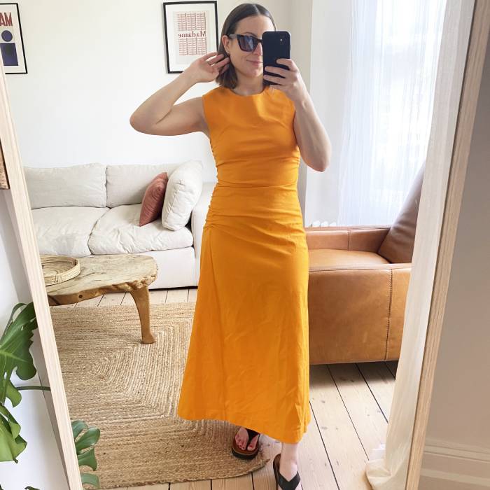 COS Gathered Linen Midi Dress in YELLOW