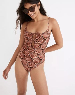 Madewell + Second Wave Tie-Front One-Piece Swimsuit in Painted Seashells