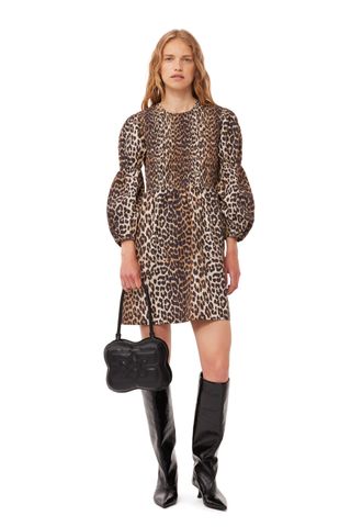 Ganni + Leopard Cotton Poplin Smock Mini Dress