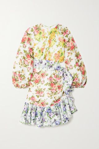 Zimmermann + + NET SUSTAIN Wrap-Effect Cutout Ruffled Floral-Print Linen Mini Dress