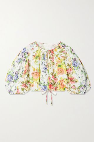 Zimmermann + + NET SUSTAIN Cropped Gathered Floral-Print Linen Blouse