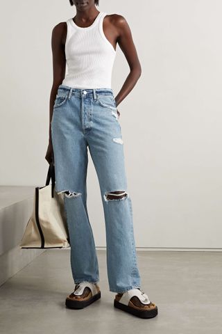 Agolde + 90s Distressed Mid-Rise Straight-Leg Organic Jeans