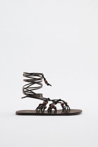 Zara + Flat Lace-Up Sandals with Stones