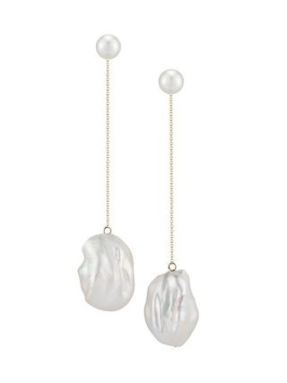 Mateo + 14k Yellow Gold, 8mm Cultured Freshwater Pearl & Baroque Pearl Chain Drop Earrings