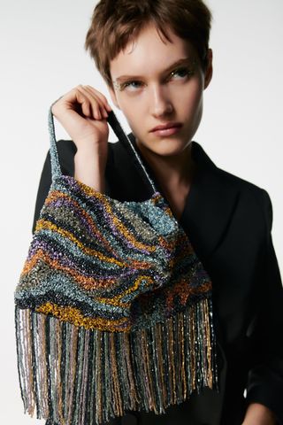 Zara + Beaded Printed Shoulder Bag