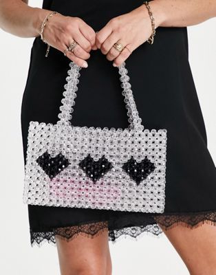 Topshop + Beaded Heart Grab Bag in Black