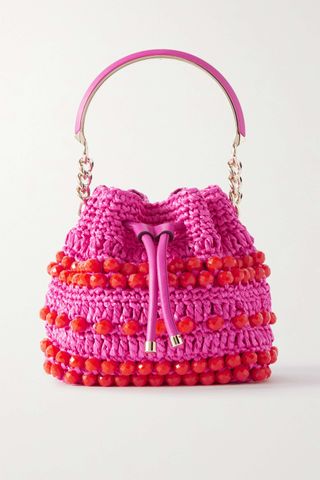 Jimmy Choo + Bon Bon Leather-Trimmed Bead-Embellished Raffia Bucket Bag