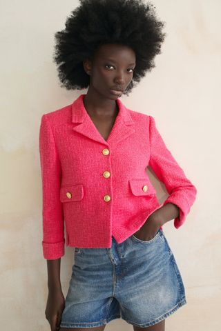 Zara + Buttoned Textured Weave Blazer