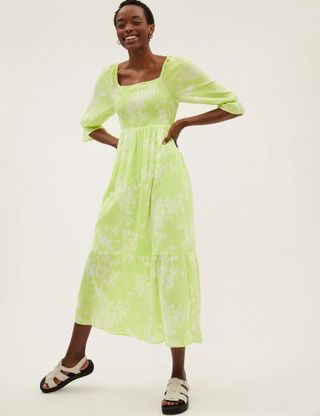 M&S Collection + Pure Cotton Floral Square Neck Midaxi Dress