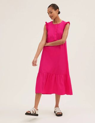 M&S Collection + Pure Cotton Frill Detail Midi Smock Dress