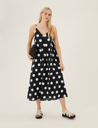 M&S Collection + Linen Rich Polka Dot V-Neck Slip Dress
