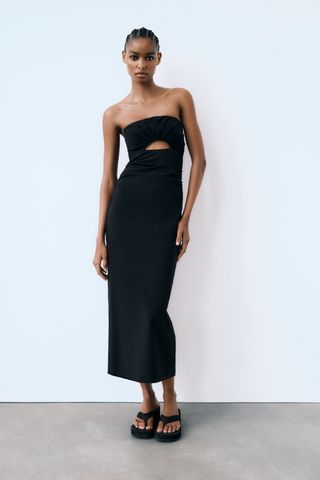 Zara + Strapless Midi Dress with Cut-Out Detail