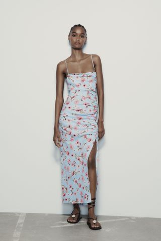 Zara + Linen Blend Print Corsetry-Insprired Dress