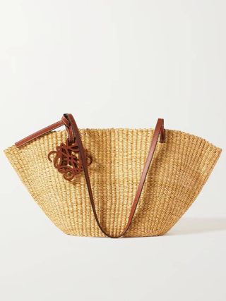 Loewe + Shell Small Leather-Trimmed Raffia Tote
