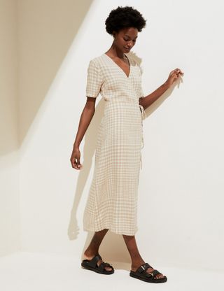 M&S Collection + Linen Blend Checked Midi Wrap Dress