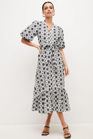 Karen Millen + Petite Contrast Cotton Broderie Belted Midi Dress