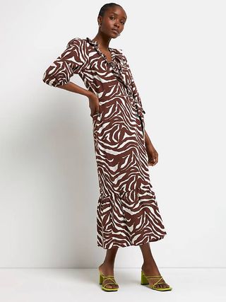 River Island + Petite Brown Animal Print Wrap Midi Dress