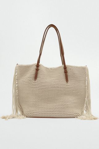 Zara + Fringed Macramé Tote Bag