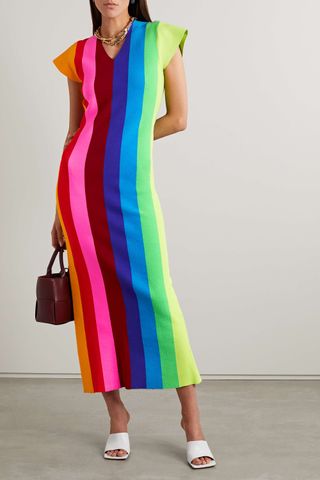 Christopher John Rogers + Striped Terry-Paneled Knitted Midi Dress