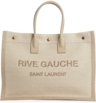Saint Laurent + Small Noe Rive Gauche Logo Cotton & Linen Canvas Tote