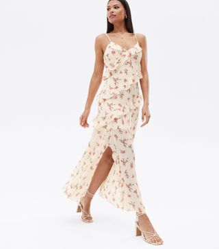 New Look + White Rose Chiffon Ruffle Midi Dress