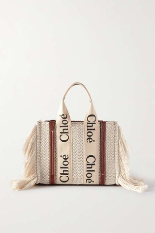 Chloé + Woody Small Leather-Trimmed Fringed Recycled Cotton Tote