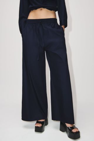 Zara + Wide-Leg Poplin Trousers