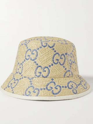 Gucci + Leather-Trimmed Raffia-Effect Jacquard Bucket Hat