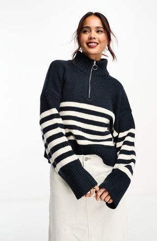Asos Design + Stripe Quarter Zip Sweater