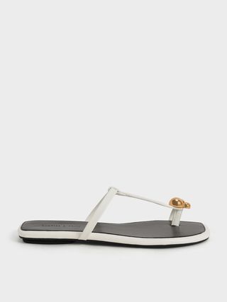 Charles & Keith + White Embellished Toe-Ring Flat Sandals