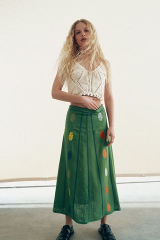 Zara + Embroidered Linen Blend Skirt