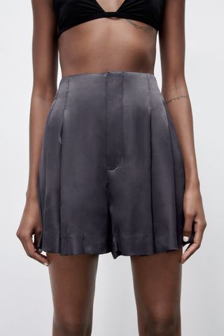 Zara + Satin Bermuda Shorts With Pleats