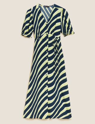 M&S Collection + Striped V-Neck Short Sleeve Midi Tea Dress