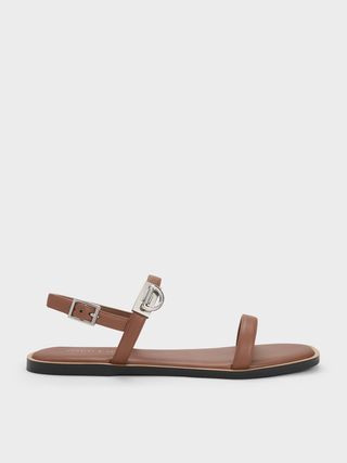 Charles & Keith + Brown Double Metallic Buckle Sandals