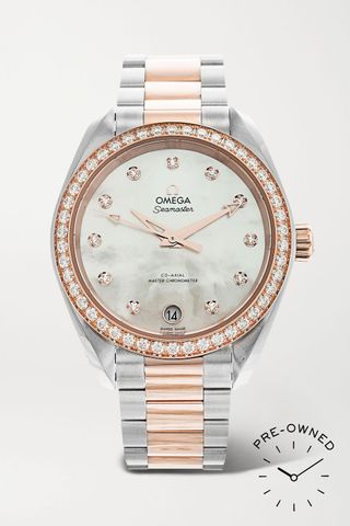 Omega + Pre-Owned 2018 Seamaster Aqua Terra 150m 34mm 18-Karat Rose Gold, Stainless Steel and Diamond Watch