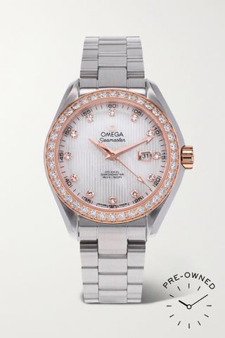 Omega + Pre-Owned 2020 Seamaster Aqua Terra 30mm Stainless Steel, 18-Karat Rose Gold, Mother-Of-Pearl and Diamond Watch
