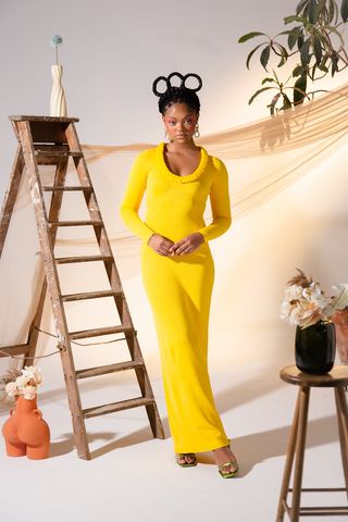 Kai Collective + Imade Knitted Long Sleeve Braid Dress in Yellow