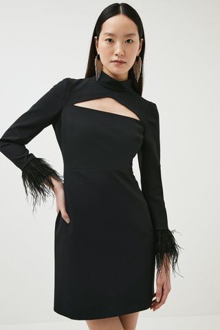 Karen Millen + Structured Stretch Long Sleeve Feather Mini Dress