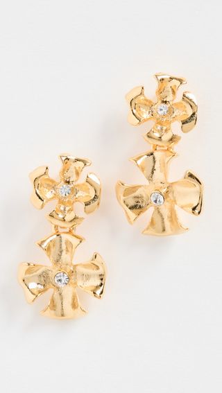 Kenneth Jay Lane + Gold Flower Drop Pierced Earrings