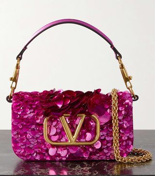 Valentino Garavani + Locò Vlogo Small Embellished Suede and Metallic Leather Shoulder Bag