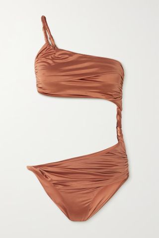 Isa Boulder + One-Shoulder Metallic Twisted Cutout Ruched Stretch-Satin Swimsuit